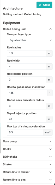 Coiled tubing unit parameters.