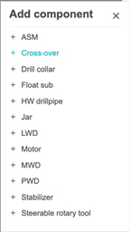 Add component menu for BHA components and measurement nodes.